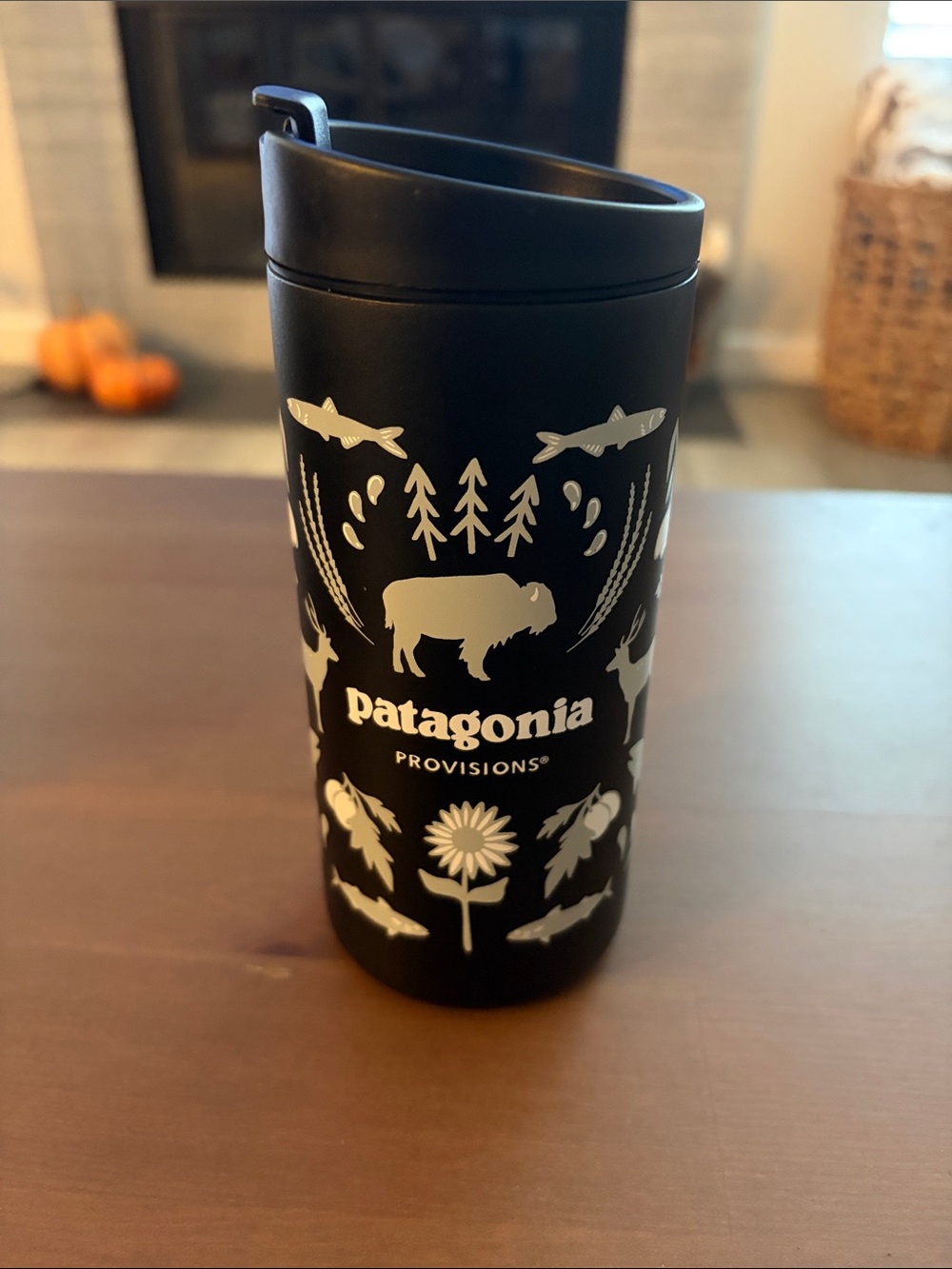 Patagonia Black Insulated Bottle with White Nature Graphics